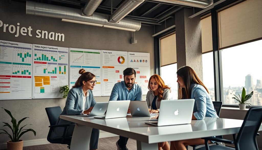 A dynamic, well-organized project management office, its walls adorned with Gantt charts, Kanban boards, and Agile frameworks. In the foreground, a team of professionals collaborating at a sleek, modern desk, their laptops and notebooks open as they strategize. Overhead, a warm, focused lighting illuminates the scene, casting a productive glow. In the background, a city skyline visible through large windows, suggesting the broader impact of their work. The atmosphere is one of efficiency, innovation, and a shared sense of purpose driving productivity.