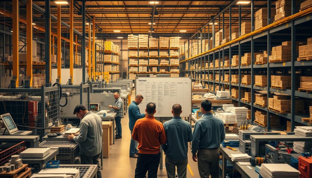 A factory floor bustling with activity, illuminated by warm industrial lighting. In the foreground, workers diligently implement lean manufacturing techniques, streamlining processes and eliminating waste. Midground, a team huddles around a Kanban board, visualizing the flow of production. In the background, towering shelves of inventory, meticulously organized to optimize space and accessibility. The scene exudes an atmosphere of efficiency, continuous improvement, and a relentless pursuit of operational excellence.