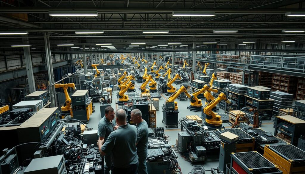 A factory floor bustling with activity, machines whirring and workers navigating intricate production challenges. In the foreground, a team huddles around a complex machine, brows furrowed as they troubleshoot a technical issue. Scattered across the middle ground, robotic arms deftly assemble components, their movements precisely choreographed. In the background, a sprawling network of conveyor belts and storage racks, each playing a vital role in the seamless flow of the manufacturing process. Dramatic shadows cast by overhead industrial lighting, creating a sense of depth and drama. The atmosphere is one of focused intensity, where problem-solving and innovation are the order of the day.