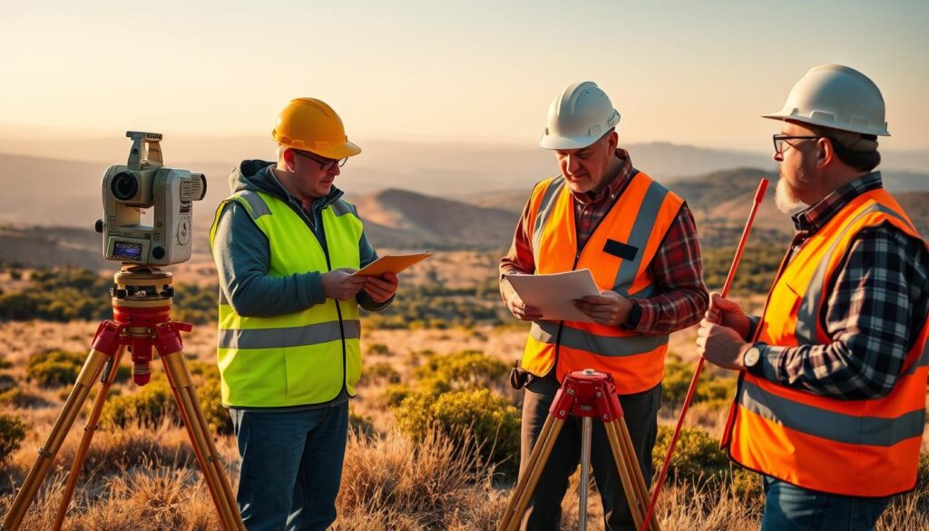A field crew conducting a detailed land survey, with one surveyor using a theodolite to precisely measure angles and distances, another recording data on a clipboard, and a third holding a survey rod to establish reference points. The scene is set against the backdrop of a sprawling landscape, with rolling hills and lush vegetation in the distance, illuminated by warm, natural lighting. The crew members wear high-visibility safety vests, hard hats, and other appropriate surveying gear, conveying a sense of professionalism and the technical nature of their work. The overall composition emphasizes the meticulous, systematic approach required in modern land surveying practices.