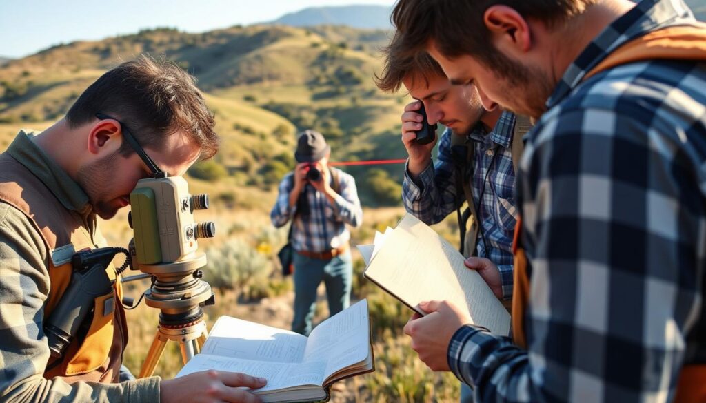 A field crew diligently performs land surveying tasks in a picturesque natural setting. In the foreground, a surveyor carefully aligns a theodolite, its precise mechanisms glinting in the warm afternoon sunlight. Nearby, a team member records measurements in a weathered field notebook, their concentration evident. In the middle ground, another surveyor uses a laser rangefinder to gather data, the instrument's red beam cutting through the air. In the background, rolling hills dotted with lush vegetation stretch out, providing a tranquil backdrop to the scene. The overall atmosphere conveys a sense of methodical professionalism and dedication to the art of accurate surveying.