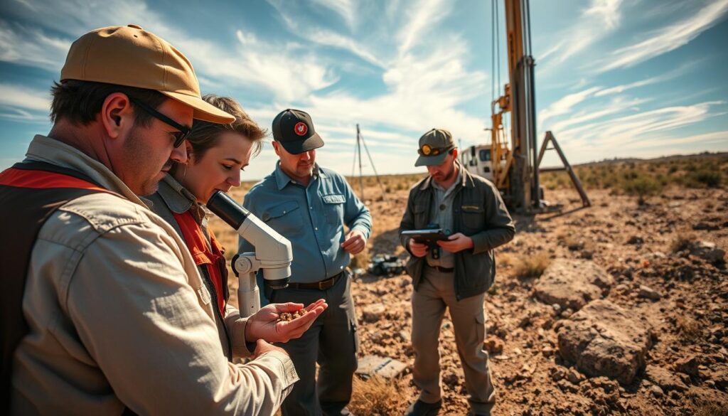 A field team conducts geological surveys for a potable water project, analyzing rock formations and soil samples to identify potential underground aquifers. In the foreground, geologists examine core samples under a portable microscope, their expressions focused as they study the data. In the middle ground, a surveyor operates a high-precision GPS device, mapping the terrain. In the background, a drilling rig stands ready, its powerful auger poised to bore into the earth. Warm sunlight filters through wispy clouds, casting dynamic shadows across the scene. The mood is one of scientific inquiry and determination, as the team works to uncover the hidden water resources that will sustain the local community.