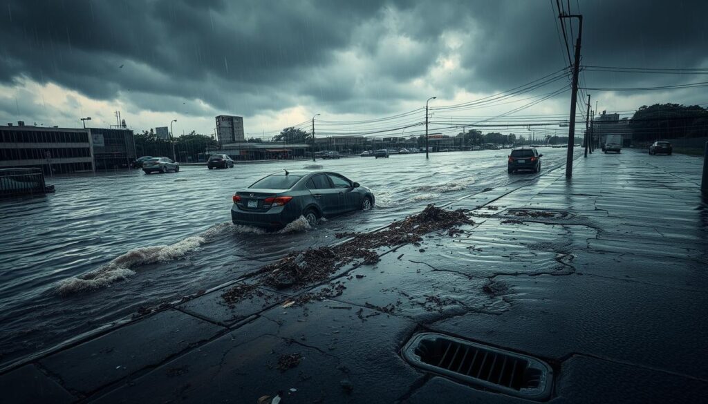 A flooded urban landscape, rain pouring down from a stormy sky. In the foreground, cars and buildings submerged in murky waters, debris and litter swirling around. The middle ground reveals cracked sidewalks and overflowing storm drains, overwhelmed by the deluge. In the background, a network of pipes and infrastructure strained to capacity, struggling to manage the excessive runoff. Harsh shadows and muted colors convey the gravity of the situation, while a sense of despair and urgency permeates the scene. A wide-angle lens captures the scale of the challenge, inviting the viewer to contemplate the complexities of effective stormwater management.