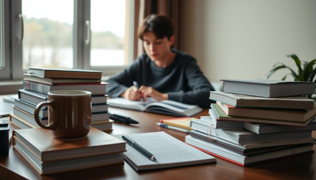 A focused study session with an organized desk, natural lighting, and a calming atmosphere. In the foreground, neatly stacked textbooks, notepads, and a cup of coffee, conveying a sense of productive study. In the middle ground, a person intently reading and taking notes, demonstrating effective strategies like active engagement and information synthesis. The background features a window overlooking a serene outdoor scene, creating a peaceful, contemplative setting that inspires deep focus. The overall mood is one of efficient, intentional learning, with a balance of structure and tranquility.