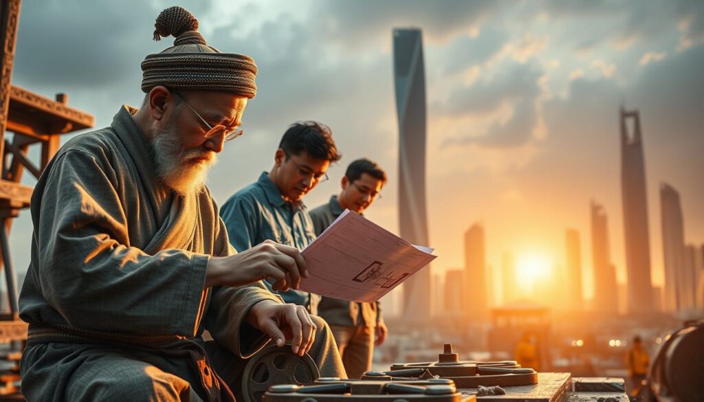 A fusion of ancient wisdom and modern ingenuity, a hybrid engineering approach emerges. In the foreground, a traditional craftsman meticulously shapes a tool, his hands guided by generations of accumulated knowledge. Behind him, a team of engineers pore over holographic schematics, integrating ancestral techniques with cutting-edge computational power. In the background, an urban skyline reflects the interplay of old and new, as towering structures rise from the earth, their designs inspired by natural forms. Warm, golden light suffuses the scene, evoking a sense of harmony and progress. This is the intersection where policy and government support foster the convergence of traditional wisdom and modern engineering, unlocking innovative solutions for a sustainable future.