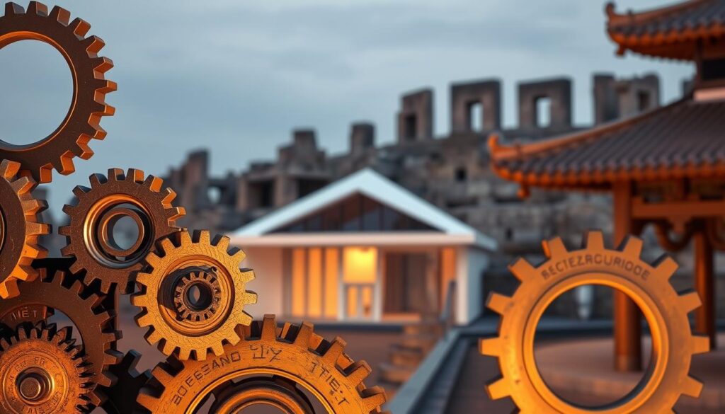 A fusion of traditional architectural elements and modern engineering design. In the foreground, a series of interlocking gears and cogs, symbolizing the blending of old and new. In the middle ground, a sleek, minimalist building with clean lines and angular forms, juxtaposed against a backdrop of ancient stone structures. Warm, muted lighting casts a soft glow, creating a sense of harmony and balance. The composition emphasizes the interplay between the traditional and the contemporary, representing the ethical considerations of preserving cultural heritage while embracing technological progress.