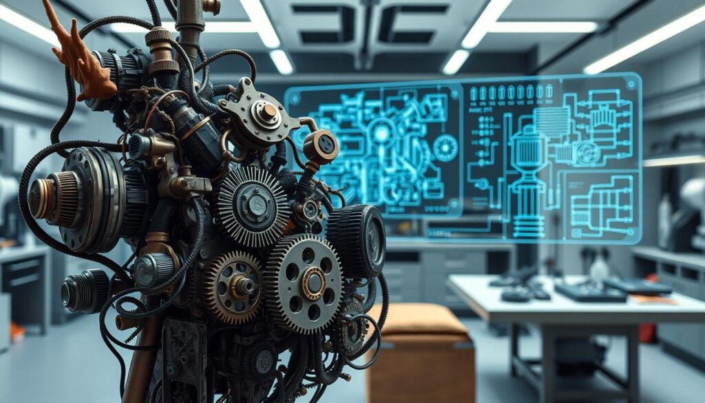 A fusion of traditional craftsmanship and cutting-edge technology. In the foreground, intricate mechanical components intertwine with organic, handcrafted elements, representing the symbiosis of old and new. The middle ground showcases a holographic schematic, projecting detailed engineering schematics. In the background, a sleek, futuristic workshop setting with minimalist design, balanced lighting, and a sense of technological sophistication. The overall atmosphere conveys a harmonious integration of time-honored techniques and innovative modern engineering.