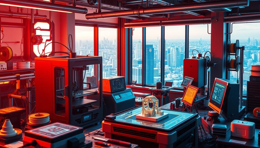A futuristic 3D printing workshop filled with intricate machinery and advanced technology. In the foreground, a sleek and modern 3D printer confidently produces a complex mechanical part. The middle ground showcases an array of colorful filaments, precision tools, and a holographic control panel displaying intricate schematics. In the background, a large window offers a panoramic view of a gleaming cityscape, bathed in warm, directional lighting that casts dramatic shadows and highlights the state-of-the-art equipment. The overall atmosphere conveys a sense of innovation, precision, and the boundless potential of additive manufacturing.