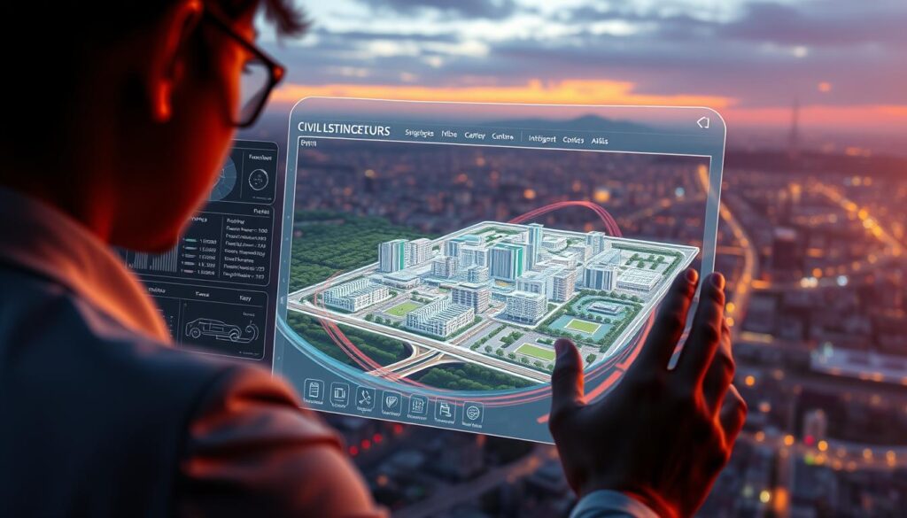 A futuristic BIM (Building Information Modeling) software interface for civil engineering, featuring a sleek, holographic-like display with interactive 3D models of infrastructure projects. In the foreground, a user navigates the software using intuitive gesture controls, with detailed project timelines, cost estimates, and resource management tools. The middle ground showcases the 3D model of a sprawling urban development, complete with intelligent simulations of traffic flows, utilities, and environmental impact. In the background, a panoramic view of a bustling cityscape, illuminated by warm, sunset-hued lighting, symbolizing the transformative potential of BIM technology in shaping the future of civil engineering.