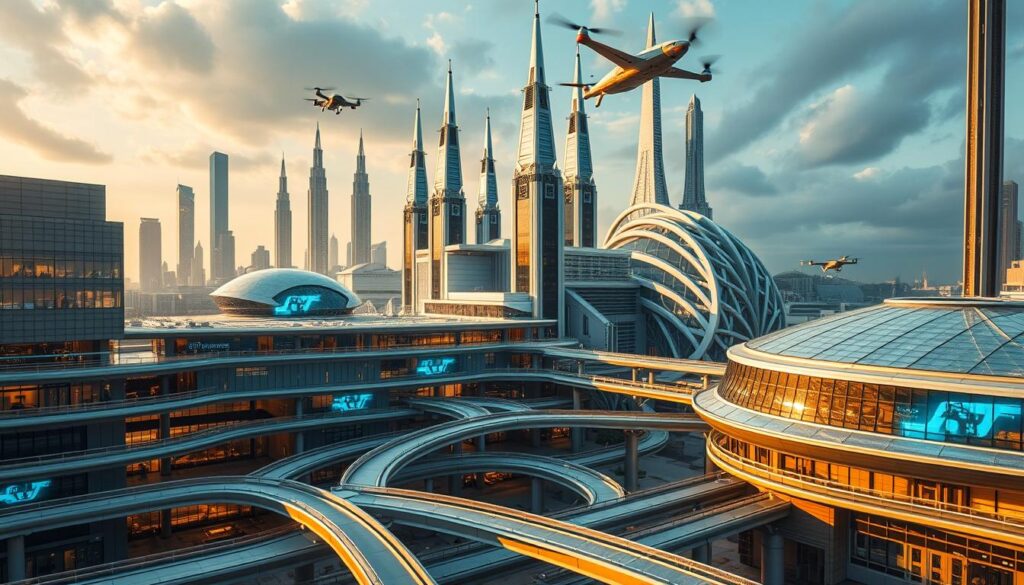A futuristic academic campus set against a backdrop of soaring glass towers and gleaming metal spires. In the foreground, an intricate network of walkways and bridges connect state-of-the-art laboratories and lecture halls, their facades adorned with sleek, angular designs. Holographic displays flicker to life, showcasing cutting-edge engineering projects and innovations. Bathed in warm, diffuse lighting, the scene conveys a sense of cutting-edge technology, forward-thinking education, and a relentless pursuit of excellence. Drones and autonomous vehicles zip through the air, symbolizing the integration of advanced systems into the campus infrastructure. The overall atmosphere exudes a powerful blend of intellectual rigor, technological prowess, and a vision for the future of engineering education.