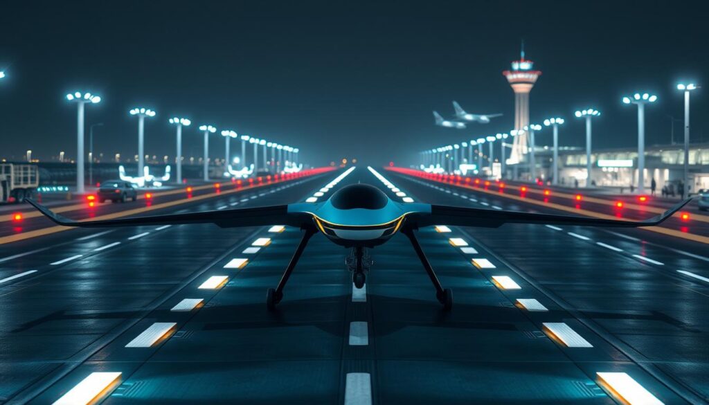 A futuristic airport runway illuminated by gleaming LED lights, surrounded by advanced sensors, autonomous vehicles, and cutting-edge engineering technology. In the foreground, a sleek, drone-like aircraft hovers gracefully, its innovative design hinting at the boundless possibilities of sustainable air travel. The mid-ground features robotic systems monitoring runway conditions, while in the background, towering control towers and futuristic terminals suggest a seamless integration of digital infrastructure. The scene exudes a sense of precision, efficiency, and a vision for the airports of tomorrow, where technology and sustainability converge to redefine the future of runway engineering.