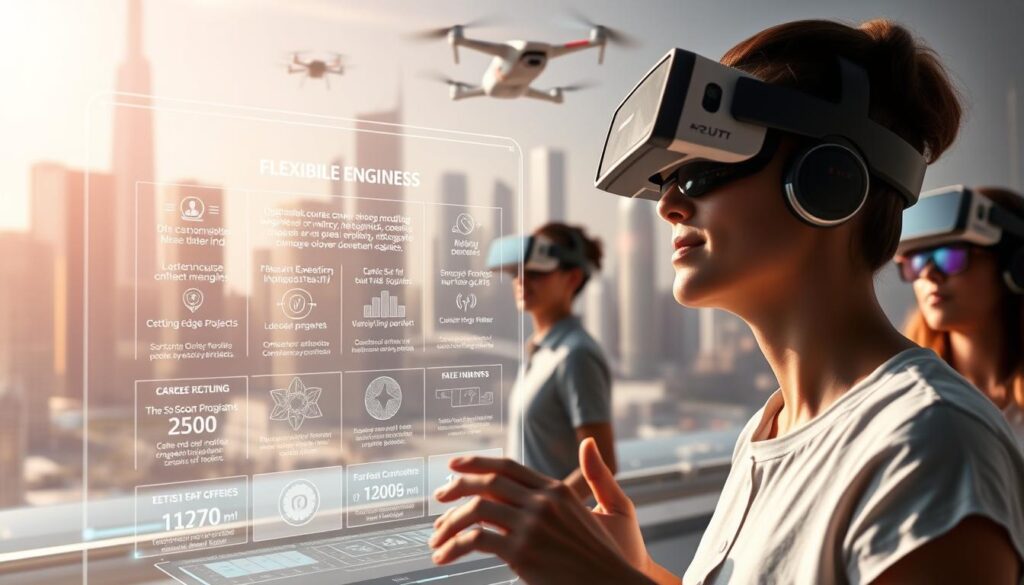 A futuristic and dynamic scene depicting flexible engineering degree programs. In the foreground, a holographic interface displays customizable course modules, algorithms, and career pathways. In the middle ground, students in VR headsets collaborate on cutting-edge projects, their movements fluid and natural. In the background, a cityscape of gleaming skyscrapers and hovering drones symbolizes the integration of technology and education. Soft, diffused lighting casts an ethereal glow, conveying a sense of innovation and possibility. The overall atmosphere is one of adaptability, connectivity, and the seamless convergence of traditional and emerging engineering disciplines.