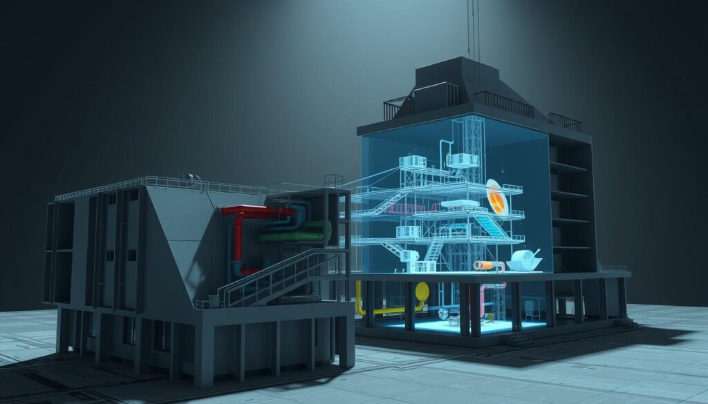 A futuristic architectural blueprint of a disaster-resistant building, rendered in sleek, high-contrast shades of gray. In the foreground, a 3D model of the building's exterior showcases its robust, angular design and reinforced structure. The middle ground features a cutaway view revealing the intricate BIM (Building Information Modeling) system, with color-coded pipes, wiring, and structural elements. In the background, a holographic display projects simulations of the building withstanding various natural disasters, such as earthquakes, hurricanes, and floods. Dramatic lighting casts long shadows, emphasizing the weight and solidity of the construction. The overall mood is one of technological innovation, structural integrity, and preparedness for extreme environmental conditions.