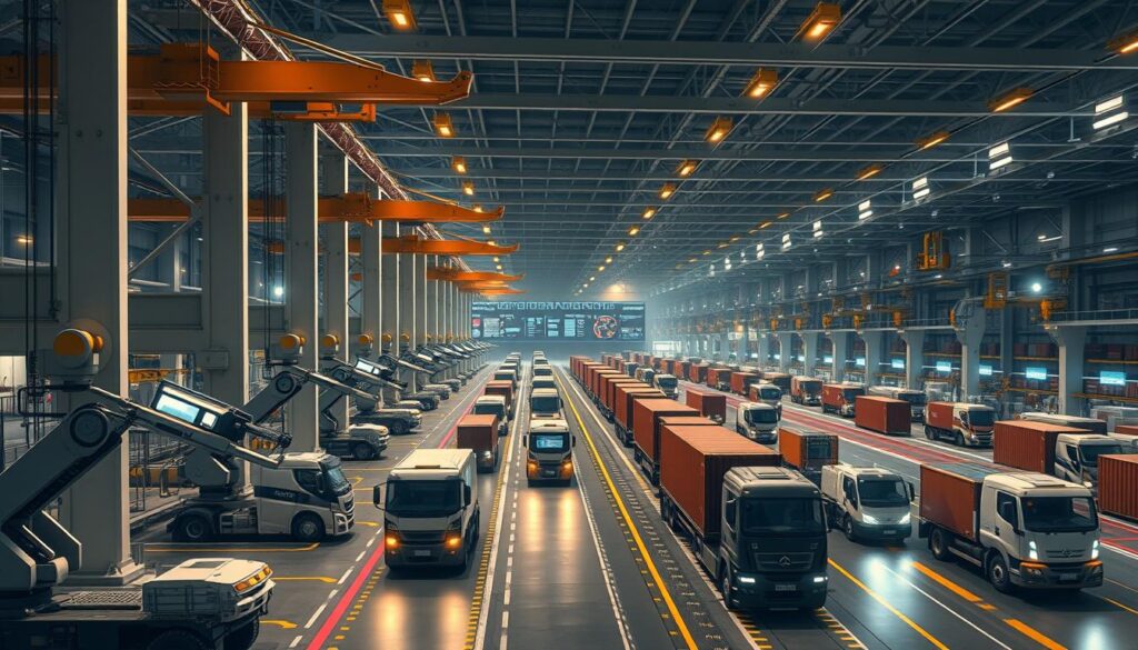 A futuristic cargo handling facility, with towering gantry cranes and automated guided vehicles (AGVs) efficiently moving shipping containers through a well-lit, cavernous terminal. In the foreground, robotic arms deftly load and unload containers from transport trucks, while in the middle ground, a fleet of AGVs navigates the complex web of cargo lanes. The background features a sleek, high-tech control center overlooking the scene, its large displays monitoring the real-time flow of goods. Warm, diffused lighting casts a sense of technological prowess and operational harmony, showcasing the pivotal role of advanced freight handling systems in streamlining modern supply chains.