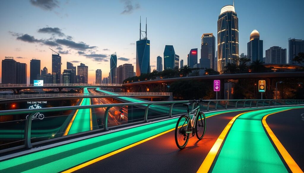 A futuristic city skyline at dusk, with intelligent bike lanes illuminated by smart LED lights that react to cyclist movement and traffic patterns. In the foreground, a sleek, self-adjusting smart bike glides along the path, its integrated sensors communicating with the infrastructure. The middle ground features a network of elevated bike bridges and intersections, with holographic signs and signals guiding riders. In the background, skyscrapers adorned with renewable energy sources and greenery cast a warm, sustainable glow. The scene conveys a vision of urban mobility where technology seamlessly enhances the cycling experience, promoting eco-friendly transportation and connectivity.