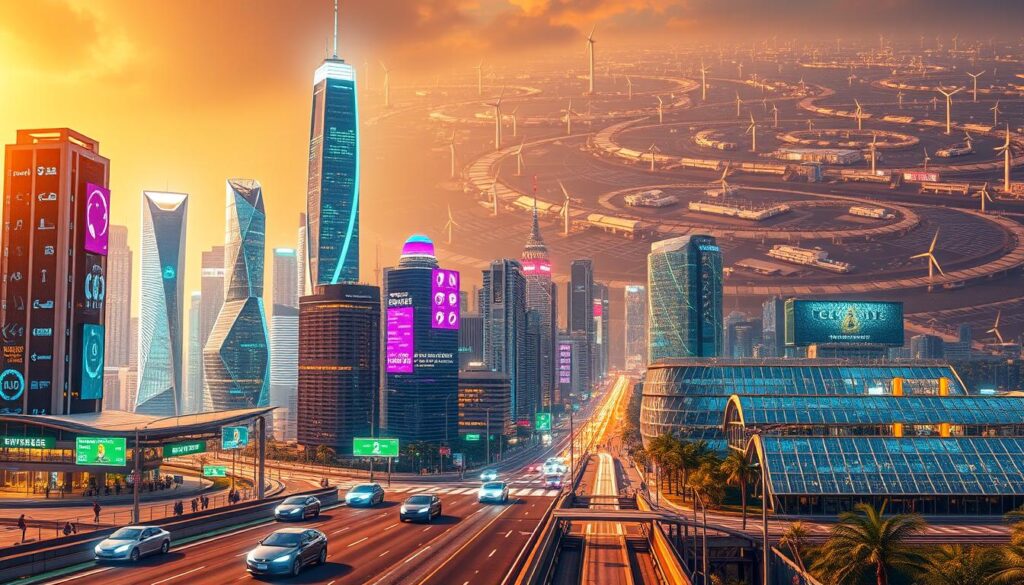 A futuristic city skyline illuminated by vibrant, holographic displays. Towering skyscrapers with sleek, eco-friendly architecture seamlessly integrate smart technology. In the foreground, autonomous vehicles glide silently along the streets, while pedestrians interact with intuitive, AR-powered interfaces. The middle ground features intricate, sensor-laden infrastructure - smart grids, automated traffic systems, and advanced waste management. The background showcases a sprawling network of renewable energy sources, from towering wind turbines to expansive solar panel arrays. The scene is bathed in a warm, golden light, conveying a sense of progress, efficiency, and sustainable innovation.