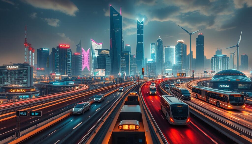 A futuristic city skyline illuminated by vibrant neon lights, featuring sleek autonomous vehicles gliding along elevated smart highways. In the foreground, a network of interconnected traffic signals and monitoring systems coordinate the seamless flow of traffic. In the middle ground, advanced rail systems and electric buses transport commuters efficiently. The background is dominated by towering skyscrapers adorned with solar panels and wind turbines, symbolizing the integration of sustainable energy into the transportation infrastructure. The scene is bathed in a warm, futuristic glow, conveying a sense of technological innovation and environmental consciousness.