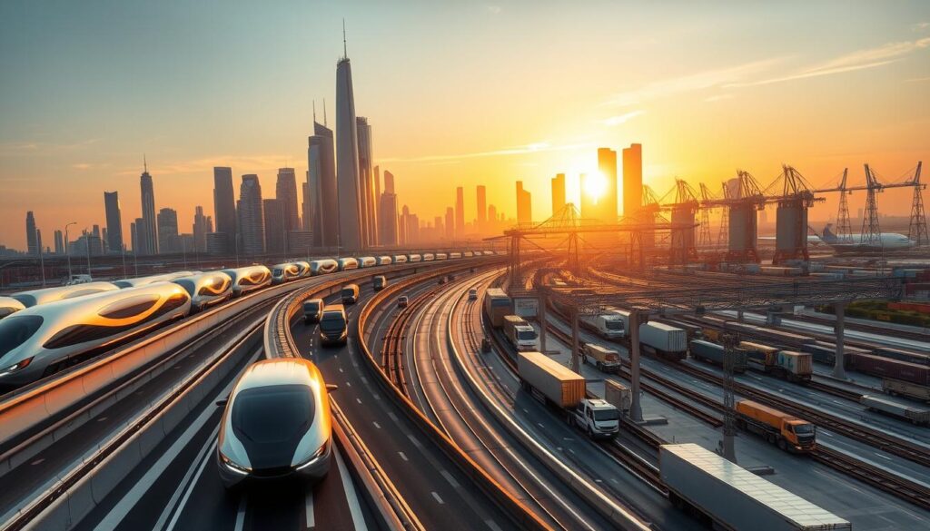 A futuristic city skyline with sleek, interconnected transportation systems. In the foreground, autonomous vehicles glide along elevated highways, their smooth, aerodynamic forms reflecting the warm glow of the setting sun. In the middle ground, a bustling intermodal freight terminal seamlessly integrates rail, road, and air cargo, with robotic cranes and self-driving trucks efficiently loading and unloading shipments. In the background, towering skyscrapers and renewable energy infrastructure create a vision of a sustainable, technology-driven future. The scene is illuminated by natural light and has a sense of dynamism and progress, reflecting the advancements in freight transport engineering.