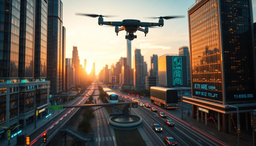 A futuristic city skyline with towering skyscrapers and a network of glowing smart infrastructure. In the foreground, an aerial drone camera captures a panoramic view, showcasing the city's interconnected systems - autonomous traffic lights, sensor-embedded roads, and renewable energy grids. The middle ground features sleek, self-driving vehicles navigating the streets, while in the background, a large data center hums with the processing power of AI-driven analytics, powering the smart city's operations. The scene is illuminated by a warm, sunset glow, conveying a sense of technological progress and innovation. The overall mood is one of a highly advanced, efficient, and sustainable urban landscape, where AI is seamlessly integrated into the infrastructure.