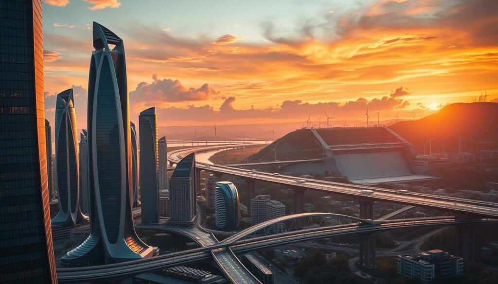 A futuristic cityscape against a vibrant sunset sky, showcasing cutting-edge civil engineering marvels. In the foreground, towering skyscrapers with sleek, curved designs and integrated renewable energy systems. In the middle ground, a network of suspended bridges and elevated transportation hubs, seamlessly connecting the urban landscape. In the background, massive hydroelectric dams and wind turbine farms, harnessing the power of nature to power the city's sustainable infrastructure. The scene is bathed in warm, golden light, evoking a sense of progress and innovation. Cinematic camera angles emphasize the scale and grandeur of the civil engineering advancements, inspiring awe and wonder.