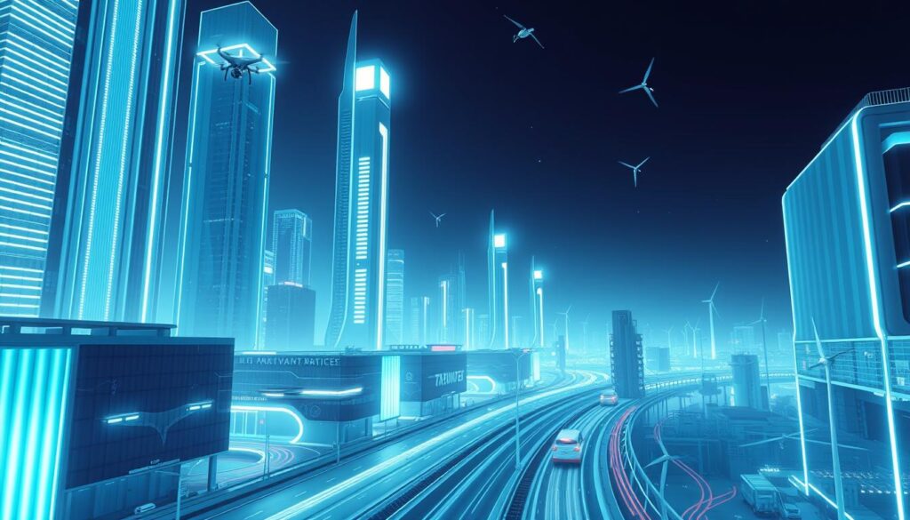 A futuristic cityscape bathed in a cool, neon-tinged glow. Towering skyscrapers adorned with glowing facade panels and sleek, minimalist architecture. In the foreground, autonomous vehicles glide silently along streamlined, intelligent roads. Drones flit between buildings, while holographic displays and touchless interfaces populate the urban landscape. The sky is a deep, inky blue, punctuated by the twinkling of satellites and the faint outlines of high-altitude wind turbines. An atmosphere of technological sophistication and seamless integration pervades the scene, showcasing the advanced smart city technologies that will shape the future of modern construction and urban development.