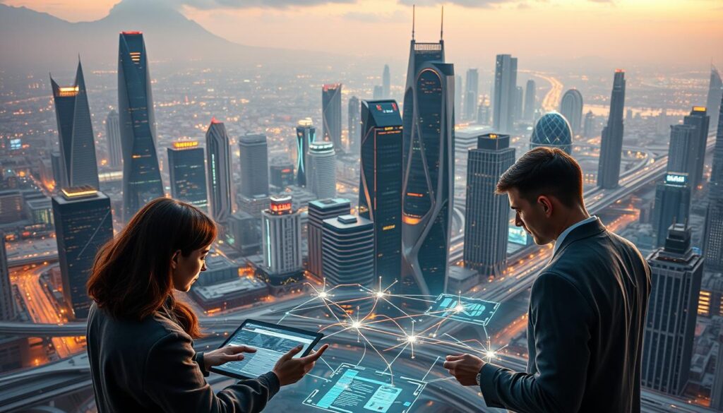 A futuristic cityscape bathed in a warm, diffused light, with towering skyscrapers and sleek, automated transportation systems. In the foreground, a team of project managers collaborate using advanced holographic interfaces, their faces lit by the glow of digital dashboards. The middle ground features a network of interconnected data streams, visualized as flowing information ribbons. In the background, a vast, intelligent infrastructure hums with the rhythm of optimized project workflows, seamlessly integrating artificial intelligence, predictive analytics, and real-time resource allocation. The overall atmosphere conveys a sense of efficiency, innovation, and a harmonious fusion of human expertise and technological prowess, shaping the future of project management.