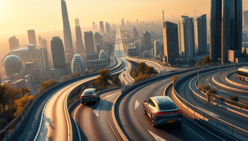 A futuristic cityscape bathed in a warm, golden glow. In the foreground, autonomous vehicles glide silently along the sleek, winding roads, their advanced sensors and AI systems seamlessly navigating the urban landscape. In the middle ground, towering skyscrapers and innovative architectural designs create a sense of technological sophistication. The background is filled with a vibrant, bustling city, where pedestrians and cyclists coexist harmoniously with the autonomous vehicles, all working together to form an efficient, sustainable transportation network. The scene conveys a sense of innovation, progress, and the promise of a smart, connected future.