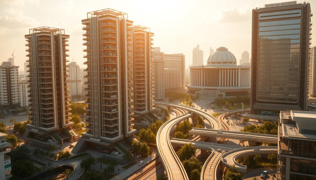 A futuristic cityscape bathed in warm, golden sunlight, showcasing innovative disaster-resistant civil engineering designs. Towering skyscrapers with reinforced structural frames and impact-resistant facades stand tall, surrounded by lush, resilient greenery and meticulously engineered public spaces. In the foreground, a multistory residential complex features advanced renewable energy systems, smart flood control mechanisms, and earthquake-proof foundations. The middle ground depicts a bustling transportation hub with elevated rail lines, electric vehicles, and pedestrian-friendly walkways. In the background, a state-of-the-art government building exemplifies sustainable architecture, with solar panels, wind turbines, and a resilient, modular design. The overall scene conveys a sense of technological progress, environmental harmony, and preparedness for natural disasters.