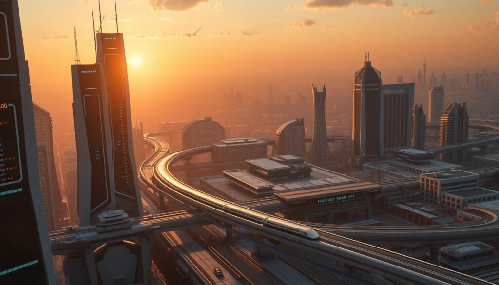 A futuristic cityscape depicting the evolution of urban infrastructure. In the foreground, sleek high-rise buildings with intelligent lighting systems and modular designs. In the middle ground, automated transportation hubs with levitating monorails and electric vehicles. In the background, a sprawling network of renewable energy sources, smart grids, and sustainable water management systems. The scene is bathed in a warm, golden glow from the setting sun, casting long shadows and highlighting the architectural elegance. The mood is one of progress, innovation, and a vision for a more efficient, technologically-advanced urban future.