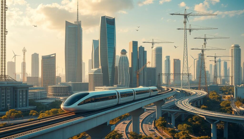 A futuristic cityscape featuring cutting-edge smart infrastructure technologies. In the foreground, an elevated monorail glides silently through the urban landscape, its sleek design and electromagnetic propulsion hinting at advanced engineering. In the middle ground, towering skyscrapers equipped with integrated solar panels, wind turbines, and smart grid systems stand as beacons of sustainable energy. In the background, a network of autonomous vehicles, drones, and smart traffic signals orchestrate the efficient flow of people and goods. The scene is bathed in a warm, golden light, conveying a sense of progress and innovation in civil engineering.