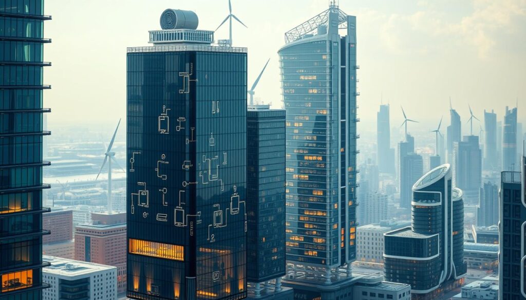 A futuristic cityscape of advanced smart buildings, their sleek facades adorned with solar panels, wind turbines, and intricate sensors. In the foreground, a towering structure with intelligent glass facades that adjust to the sunlight, optimizing energy efficiency. The middle ground showcases a network of interconnected buildings, their systems communicating seamlessly to manage resources and occupant comfort. In the background, a skyline of innovative architectural designs, utilizing the latest green technologies to create sustainable, energy-positive structures. Warm, diffused lighting illuminates the scene, conveying a sense of innovation and progress. Captured through a wide-angle lens, the image exudes a sense of awe and wonder at the transformative power of smart building technologies.