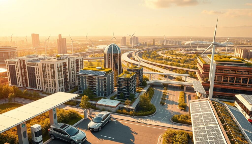 A futuristic cityscape of low-carbon infrastructure, bathed in warm, golden sunlight. In the foreground, sleek electric vehicles charge at solar-powered stations, while modern wind turbines and solar panels dot the skyline. The middle ground features eco-friendly high-rises with lush rooftop gardens, connected by efficient public transit and pedestrian-friendly walkways. In the background, a network of green spaces and waterways provide natural cooling and carbon sequestration. The overall scene conveys a sense of harmony, sustainability, and progress towards a low-emission future.