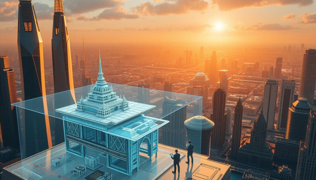A futuristic cityscape of towering skyscrapers and gleaming spires, bathed in a warm, golden glow. In the foreground, a holographic display showcases intricate 3D models of architectural structures, their complex geometries and structural elements meticulously analyzed. In the middle ground, engineers and architects collaborate seamlessly, their movements tracked by advanced motion-sensing technologies as they refine their designs. In the background, a sprawling metropolis extends into the horizon, its infrastructure a marvel of intelligent, adaptive systems that respond in real-time to environmental and structural changes.