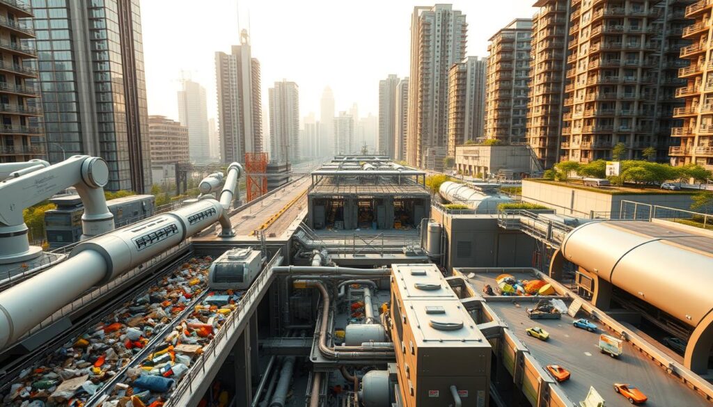 A futuristic cityscape showcasing innovative urban sanitation solutions. In the foreground, an automated waste sorting and recycling plant processes a diverse stream of municipal solid waste. Sleek robotic arms efficiently separate materials, while a network of conveyor belts and chutes transport the sorted items to appropriate disposal or processing facilities. In the middle ground, a series of modular anaerobic digesters convert organic waste into renewable biogas, powering nearby buildings. In the background, towering skyscrapers with integrated greywater recycling systems and rooftop gardens create a sustainable, self-sufficient urban ecosystem. The scene is illuminated by warm, diffused lighting, conveying a sense of technological sophistication and environmental harmony.