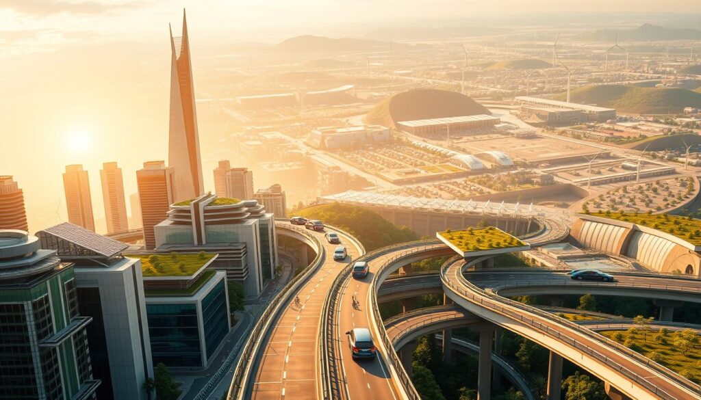 A futuristic cityscape showcasing sustainable infrastructure development. In the foreground, modern skyscrapers and buildings adorned with solar panels and green roofs. In the middle ground, electric vehicles gliding along elevated bike lanes and pedestrian walkways. In the background, a sprawling network of wind turbines and hydroelectric dams harnessing renewable energy. The scene is bathed in a warm, golden glow from the setting sun, highlighting the harmonious integration of technology and nature. Sleek, minimalist architectural styles and a palette of earthy tones convey a sense of environmental consciousness and responsible urban planning. The overall impression is one of a thriving, eco-friendly metropolis - a blueprint for sustainable civil engineering design practices.