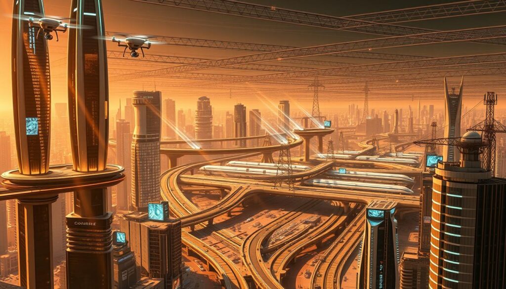 A futuristic cityscape showcasing the latest advancements in urban infrastructure technology. In the foreground, towering skyscrapers with sleek, glass facades and intricate networks of walkways and elevated transportation systems. Beams of light from automated drones and holographic displays illuminate the bustling streets below. In the middle ground, a sprawling transportation hub with high-speed magnetic levitation trains, autonomous vehicles, and seamless intermodal connections. The background is dominated by a vast, interconnected grid of power lines, communication towers, and sensor arrays, all working in harmony to optimize energy, traffic, and resource management. The scene is bathed in a warm, amber glow, conveying a sense of progress and innovation.