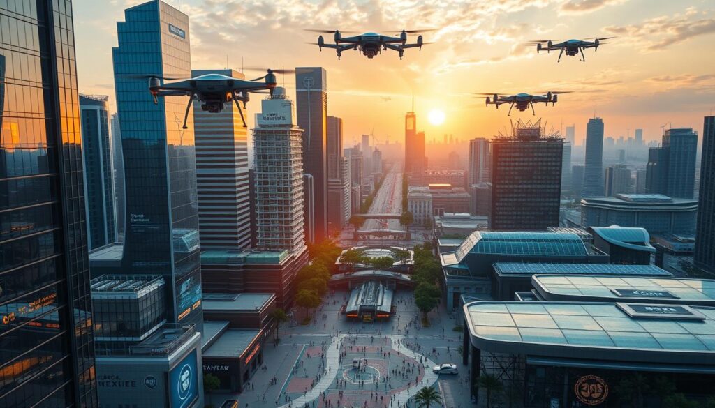 A futuristic cityscape showcasing the seamless integration of technology and urban infrastructure. In the foreground, sleek high-rise buildings with gleaming glass facades reflect the warm glow of the setting sun. Hovering above the streets, autonomous drones and flying vehicles transport citizens efficiently, their movement choreographed by a centralized smart grid system. The middle ground features a bustling plaza, where interactive displays and holographic projections provide real-time information and enhance the urban experience. In the background, a network of green spaces and renewable energy sources, such as solar panels and wind turbines, create a sustainable and eco-friendly backdrop. The overall scene conveys a sense of progress, innovation, and a vision for a technologically advanced yet harmonious future city.