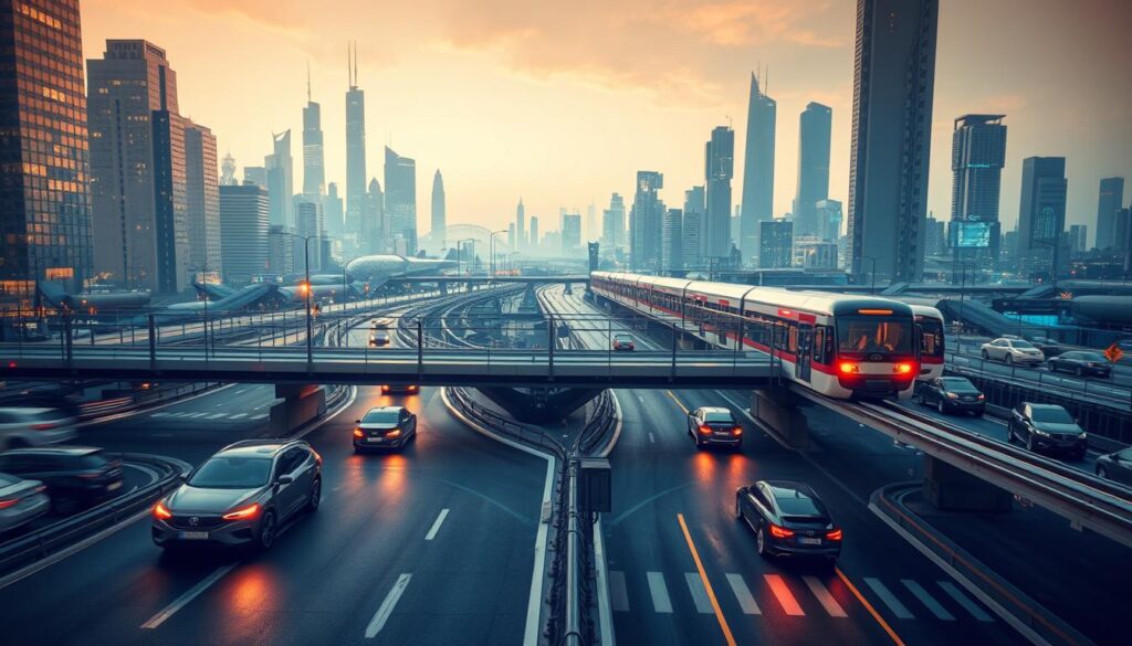 A futuristic cityscape unfolds, its transportation network a seamless web of glowing lines and hovering vehicles. In the foreground, sleek autonomous cars navigate intersections with precision, their lights casting a warm glow. The middle ground reveals a bustling metro system, its elevated tracks and suspended trains cutting through the urban landscape. In the background, towering skyscrapers and futuristic infrastructure hint at the technological advancements powering this efficient, sustainable transportation network. Bathed in a soft, ambient light, the scene conveys a sense of harmony and progress, showcasing the potential of transportation network optimization for the cities of tomorrow.