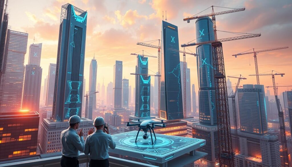 A futuristic cityscape, where towering digital skyscrapers are constructed with precision engineering and advanced software. In the foreground, a trio of architects huddle over a holographic display, manipulating 3D models with fluid hand gestures. Midground, autonomous drones and robotic cranes seamlessly collaborate, erecting sleek, geometric structures. The background is a kaleidoscope of seamless BIM integration, with real-time data visualizations projected across the urban landscape. Warm lighting casts a glow, creating an atmosphere of innovation and progress. Captured through a wide-angle lens, the scene conveys the transformative power of digital tools in modern construction.