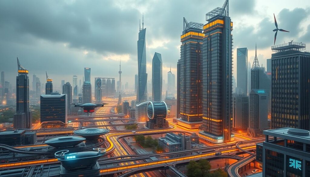 A futuristic cityscape with a focus on intelligent infrastructure integration. In the foreground, an intricate network of interconnected sensors, control panels, and digital displays seamlessly blending into the architectural landscape. In the middle ground, sleek hovering vehicles and autonomous drones navigating the urban environment, communicating with the infrastructure. In the background, towering skyscrapers with integrated solar panels, wind turbines, and hydroelectric systems, powering the smart city. Diffused, warm lighting illuminates the scene, creating a sense of advanced technological harmony. The overall composition conveys a vision of a sustainable, efficient, and highly interconnected urban ecosystem.