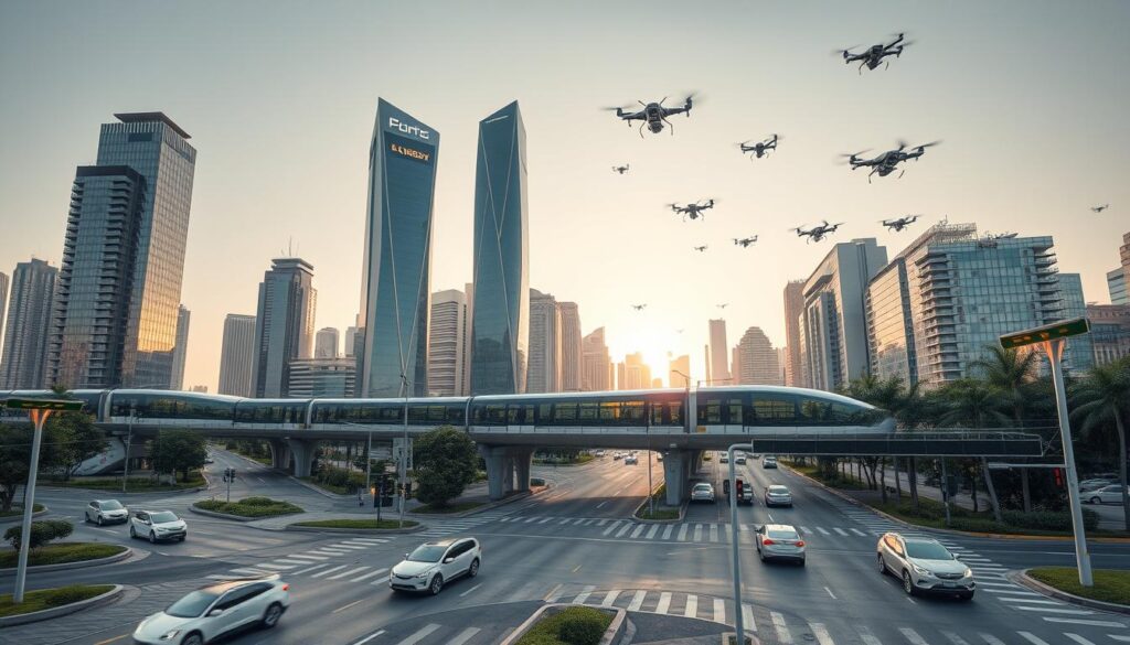 A futuristic cityscape with advanced transportation systems. In the foreground, autonomous electric vehicles seamlessly navigating smart intersections controlled by AI-powered traffic signals. In the middle ground, elevated light rail tracks weave between sleek skyscrapers, their energy-efficient designs and living green walls reflecting the warm glow of the sunset. In the background, a network of aerial drones and hover taxis zip through the sky, transporting passengers with zero emissions. Lighting is a combination of natural daylight and subtle ambient illumination, creating a clean, modern atmosphere. The scene conveys a vision of a sustainable, interconnected urban landscape where innovative mobility solutions are integrated into the fabric of the smart city.