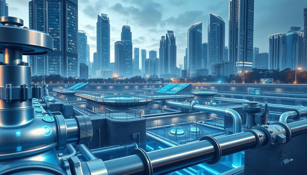A futuristic cityscape with advanced water infrastructure systems. In the foreground, sleek pipelines and valves control the flow of water, with holographic displays providing real-time data. In the middle ground, a network of underground reservoirs and treatment plants, illuminated by soft, blue-tinted lighting. In the background, towering skyscrapers with integrated rainwater harvesting systems and greywater recycling. The overall scene conveys a sense of technological sophistication and environmental sustainability, reflecting the importance of water engineering in smart city design.