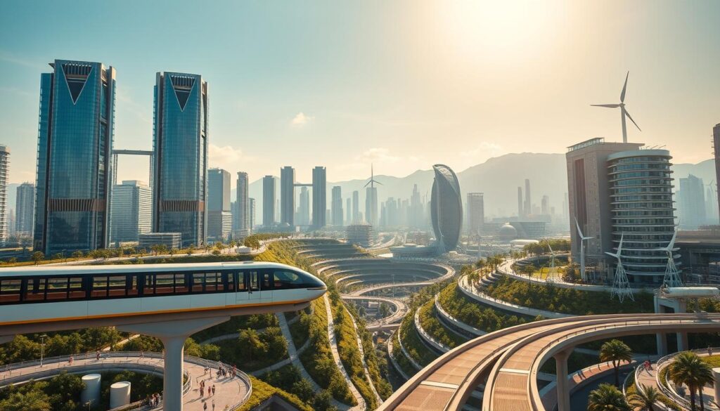 A futuristic cityscape with innovative, eco-friendly infrastructure. In the foreground, a sleek monorail system glides silently above a network of pedestrian walkways and bike lanes. Towering skyscrapers with solar panels and green roofs rise into a clear, azure sky, illuminated by warm, diffuse sunlight. In the middle ground, a cascading series of terraced gardens and public parks create a lush, verdant oasis amidst the gleaming metal and glass. The background features state-of-the-art water treatment facilities, wind turbines, and other sustainable energy sources powering the thriving community. An atmosphere of harmony, progress, and environmental stewardship pervades the scene.