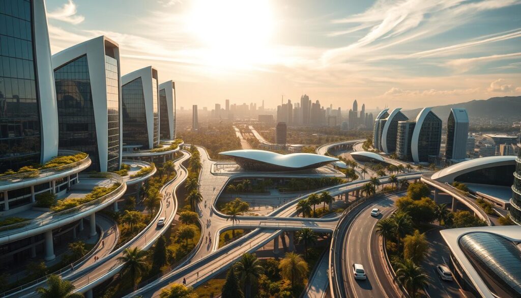 A futuristic cityscape with sleek, eco-friendly buildings powered by renewable energy sources. In the foreground, a network of elevated walkways and bike lanes connect the structures, with lush green spaces and water features interspersed throughout. The middle ground showcases a bustling transportation hub, where autonomous electric vehicles and efficient public transit systems converge. In the background, a panoramic view of the skyline reveals a harmonious blend of modern architecture and natural landscapes, bathed in warm, golden sunlight filtering through wispy clouds. The overall scene conveys a sense of innovation, sustainability, and a holistic approach to urban planning that prioritizes environmental stewardship and human well-being.