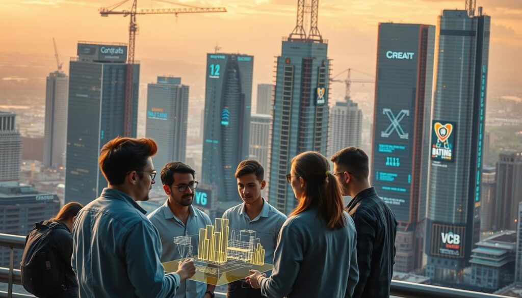 A futuristic cityscape with sleek, high-rise construction tech startups. In the foreground, a group of young entrepreneurs gathered around a holographic display, discussing the latest advancements in modular building and autonomous construction equipment. In the middle ground, towering glass-and-steel structures dotted the skyline, their facades adorned with dynamic neon signage. The background is bathed in a warm, golden light, creating an atmosphere of innovation and progress. Captured through the lens of a wide-angle camera, the scene conveys a sense of excitement and possibility surrounding the cutting-edge innovations transforming the construction industry.