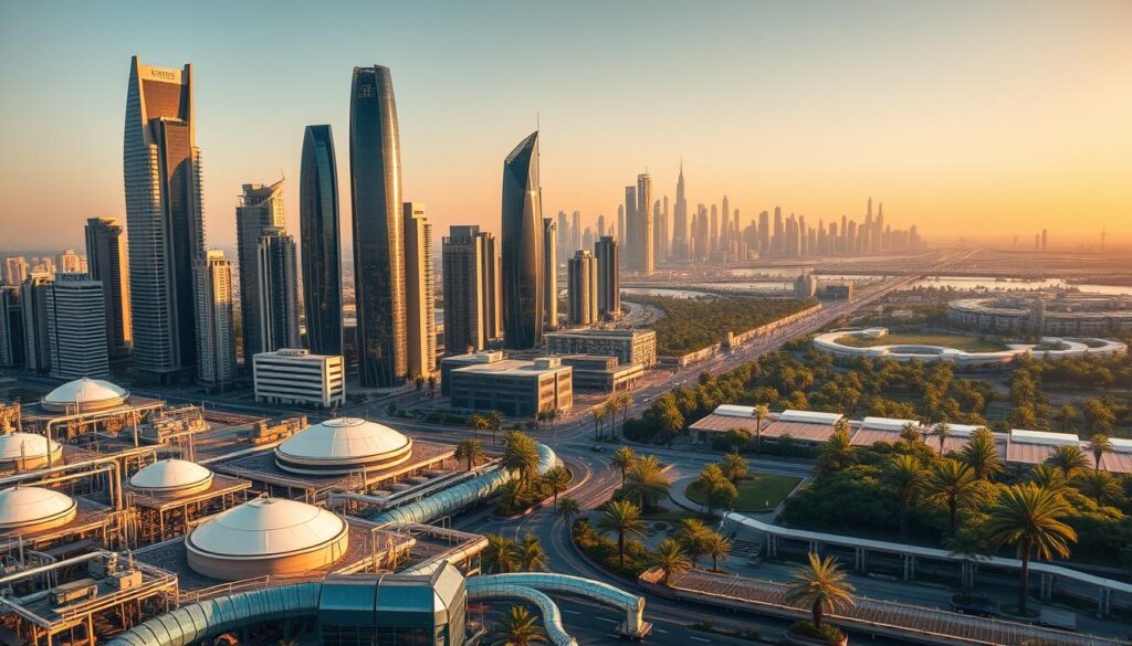 A futuristic cityscape with towering skyscrapers and bustling streets, where cutting-edge water management technologies seamlessly integrate. In the foreground, advanced desalination plants, water recycling facilities, and smart sensor networks monitor and optimize the flow of precious water resources. The middle ground showcases automated irrigation systems and green infrastructure, blending nature and technology. In the background, a panoramic view of the city skyline, illuminated by warm, golden lighting that casts a reflective glow on the sleek, modern architecture. The overall atmosphere exudes a sense of innovation, sustainability, and a harmonious balance between urban development and environmental preservation.