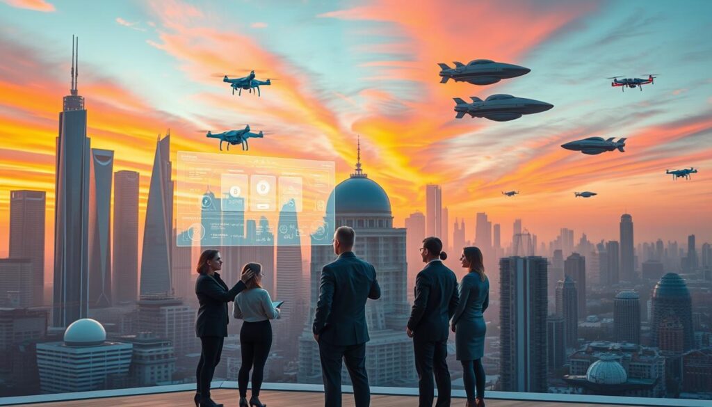 A futuristic cityscape with towering skyscrapers and gleaming domes, illuminated by a vibrant sunset. In the foreground, a group of people in holographic business attire collaborate on a floating, interactive project management interface. The middle ground features advanced AI-powered robots and drones assisting with construction and logistics. In the background, a network of autonomous vehicles and hovercrafts weave through the skyline. The scene conveys a sense of innovation, efficiency, and seamless integration of technology in the future of project management.