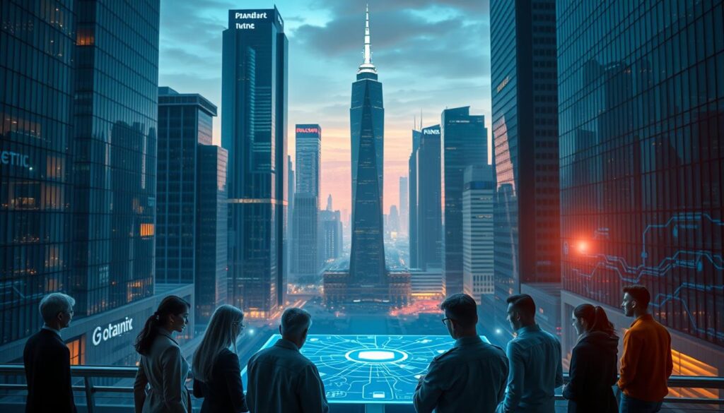 A futuristic cityscape with towering skyscrapers and sleek, high-tech architecture. In the foreground, a group of people representing diverse backgrounds are gathered around a holographic display, collaborating on the latest technology standards. The middle ground features a complex network of interconnected devices and systems, symbolizing the internet of things. In the background, a vibrant, neon-lit skyline reflects off the glass facades, creating a sense of dynamism and progress. The lighting is cool-toned and futuristic, with subtle lens flares and depth of field effects to enhance the sense of depth and immersion. The overall mood is one of innovation, collaboration, and the continuous evolution of technology standards.