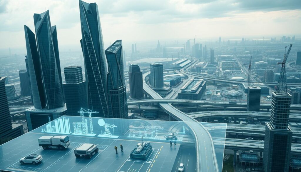 A futuristic cityscape, with towering skyscrapers and sleek, modular infrastructure elements. In the foreground, a holographic display showcases various stages of the infrastructure lifecycle, from planning and design to construction, maintenance, and eventual decommissioning. The middle ground features autonomous construction vehicles and robotic systems performing maintenance tasks. In the background, a sprawling network of smart grids, transportation hubs, and sustainable energy sources paint a vision of a technologically advanced, highly efficient urban landscape. Soft, ambient lighting creates a serene, contemplative atmosphere, inviting the viewer to consider the evolving role of data-driven, predictive analysis in shaping the future of our built environment.