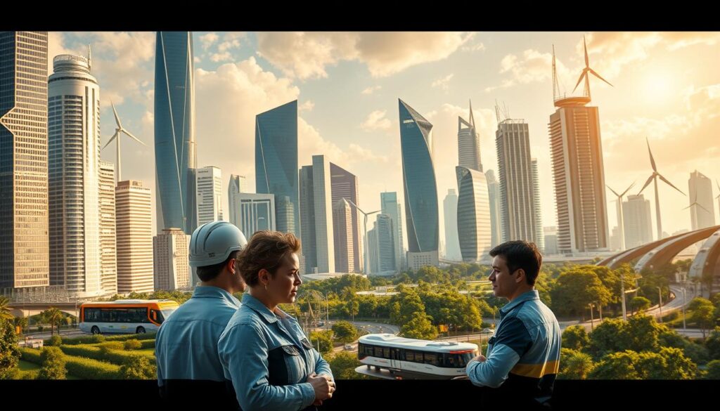 A futuristic cityscape with towering skyscrapers powered by renewable energy sources like solar panels and wind turbines. In the foreground, a group of engineers collaborating on a sustainable infrastructure project, their expressions focused and determined. The middle ground features cutting-edge electric vehicles and public transportation, while in the background, lush green parks and urban gardens symbolize the harmonious integration of nature and technology. The scene is bathed in a warm, golden light, conveying a sense of hope and progress towards a more ethical and environmentally-conscious future.